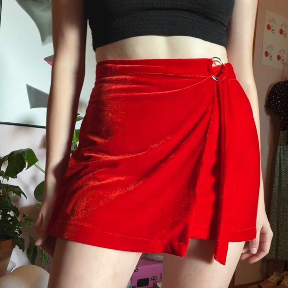 Honey Punch red velvet wrap mini skirt